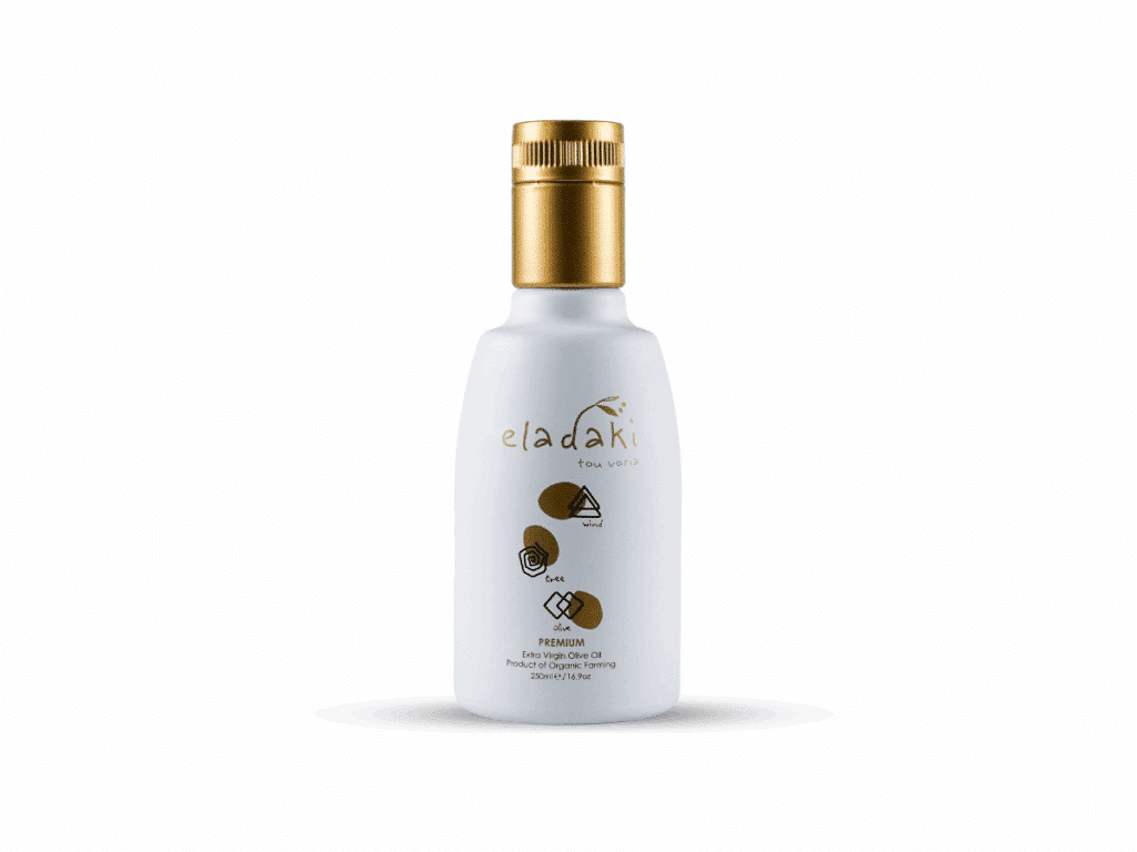 Eladaki organic extra virgin olive oil 250 ml bottle - elegant intermediate format. Technical analysis of Eladaki olive oil.