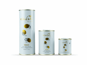 Bidons métalliques de 100, 250 et 500 ml d’huile d’olive extra vierge bio Eladaki – édition premium