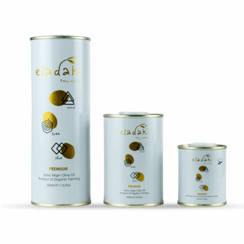Bidons métalliques de 100, 250 et 500 ml d’huile d’olive extra vierge bio Eladaki – édition premium