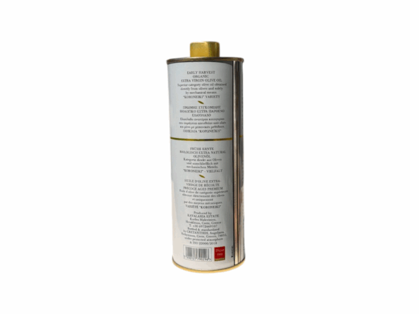 Reverse side of Kavalaria Estate 500 ml organic olive oil can with multilingual description