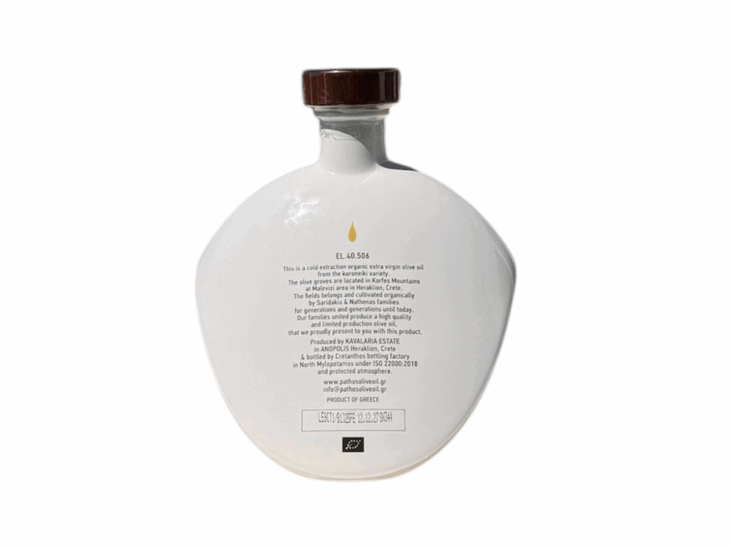 Πίσω όψη της φιάλης 500 ml βιολογικού έξτρα παρθένου ελαιολάδου Pathos με περιγραφικό κείμενο