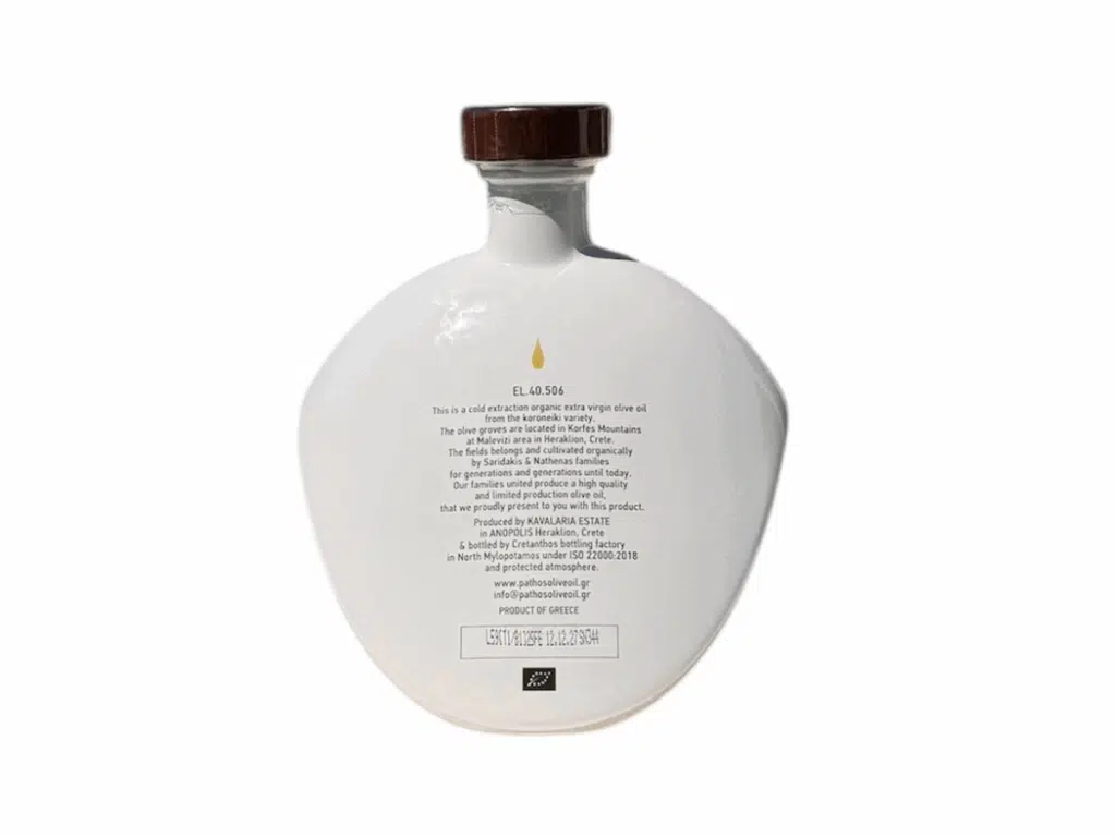 Vue arrière de la bouteille d’huile d’olive extra vierge bio Pathos 500 ml avec texte descriptif