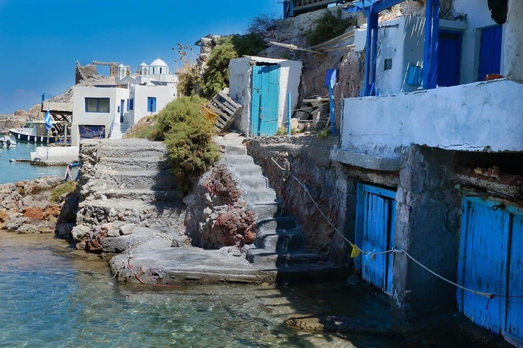 Traditional fishermen's houses in Klima, a seaside village on the island of Milos, Greece.