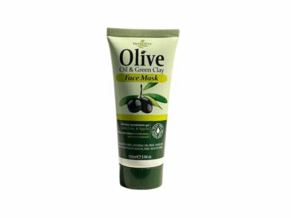 Masque visage à l’argile verte et huile d’olive bio, de la marque Herbolive, en format 100 ml.