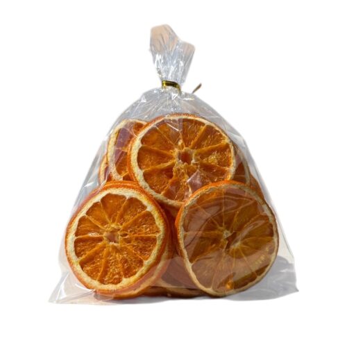Oranges séchées de Crète. Oranges séchées de Crète en rondelles dans un sachet artisanal transparent