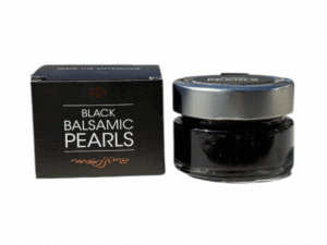 Messino black balsamic vinegar pearls with their black box - front view