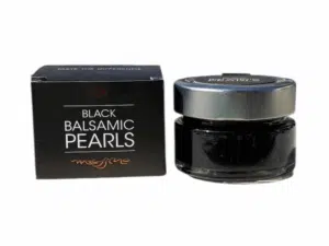 Perles de vinaigre balsamique noir Messino avec leur boîte noire – vue de face