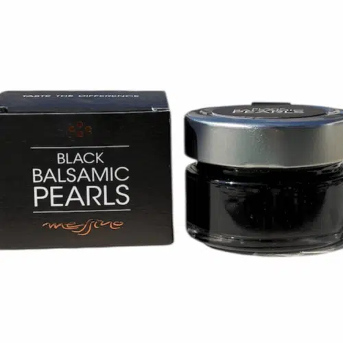 Perles de vinaigre balsamique noir Messino avec leur boîte noire – vue de face