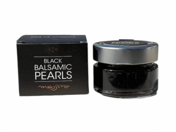 Messino black balsamic vinegar pearls with their black box - front view