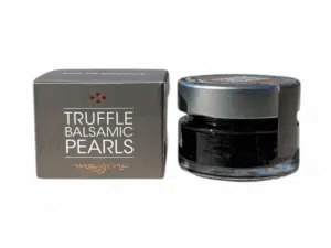 Perles de vinaigre balsamique à la truffe Messino en bocal de 50 ml accompagnées de leur boîte noire
