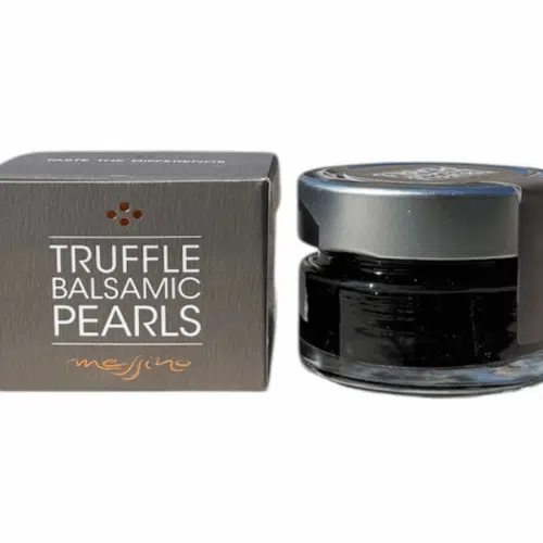 Perles de vinaigre balsamique à la truffe Messino en bocal de 50 ml accompagnées de leur boîte noire
