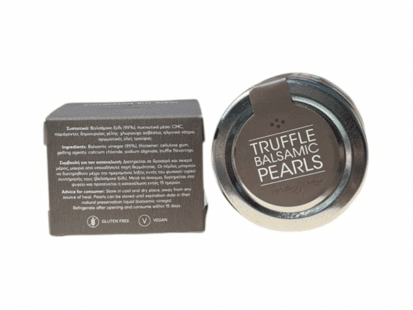 Bocal vu du dessus de perles de vinaigre balsamique à la truffe Messino avec sa boîte