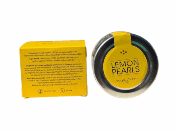 Perles de vinaigre balsamique au citron Messino dans un bocal en verre de 50 ml accompagnées de leur boîte jaune