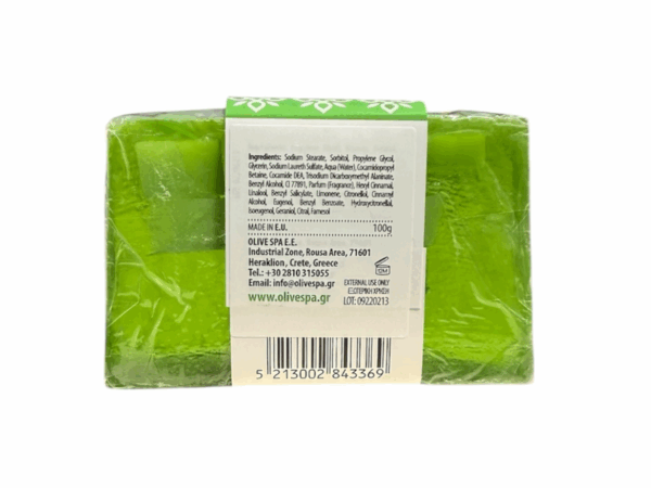 Rückansicht der 100g Aloe Vera Seife, die von Olive Spa handgefertigt wurde und natürliche Inhaltsstoffe enthält.