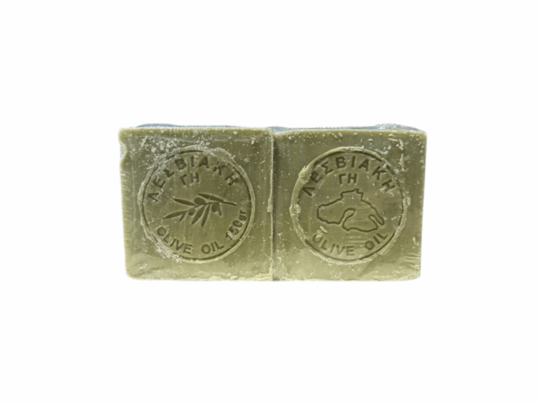 Back of two traditional Kalypso olive oil soaps - Greek handmade engraving