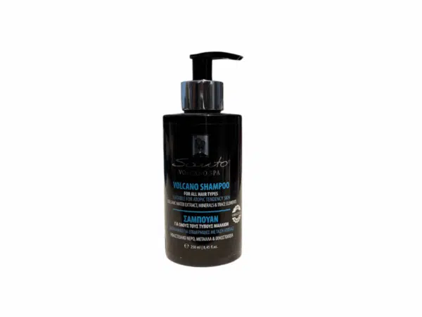 Volcanic water shampoo for all hair types 250 ml Olive Spa, bottle with pump, suitable for acne-prone skin and volcanic water extract.