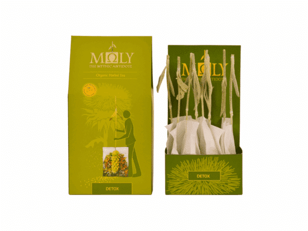 Boîte ouverte de tisane bio détox Moly avec 10 sachets en forme de fleurs séchées sur tiges.