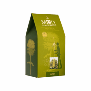 Scatola di tisane detox biologiche Moly - infuso in bustine singole con piante intere visibili.