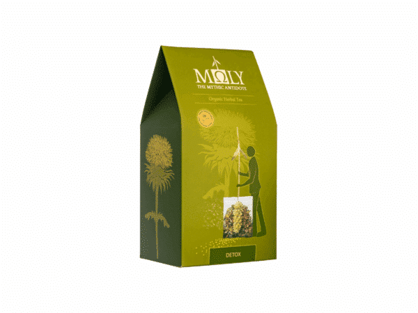 Boîte de tisane bio détox Moly – infusion en sachets individuels avec plantes entières visibles.