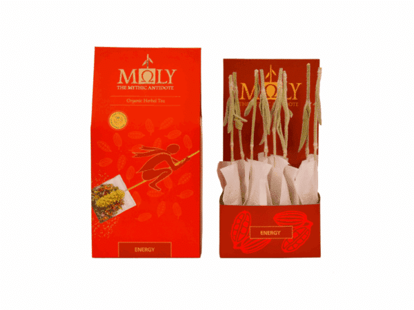 Boîte ouverte de tisane bio Énergie de la marque Moly avec 10 sachets de plantes.