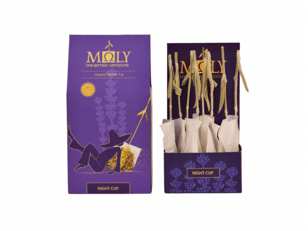 Tisane bio Nuit Douce Moly – boîte ouverte avec 10 sachets de plantes entières pour infusion du soir.