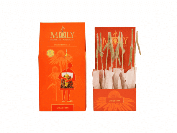Tisane bio pour la digestion en sachets – boîte ouverte avec infusettes en tiges entières visibles.