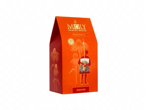 Boîte de tisane bio Digestion de la marque Moly, contenant 10 sachets de plantes.