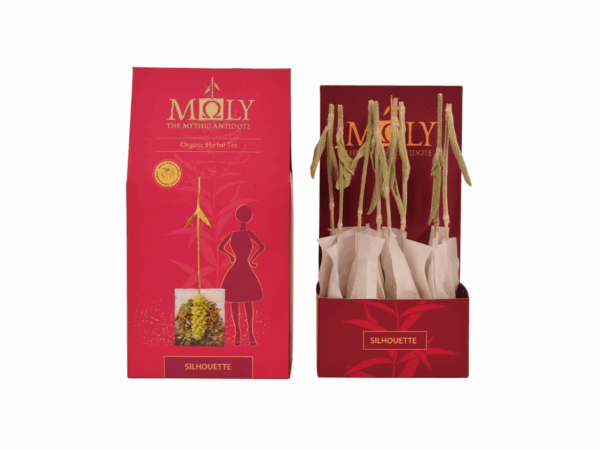 Tisane bio Silhouette Moly – boîte ouverte contenant 10 sachets d’infusion drainante aux plantes naturelles.
