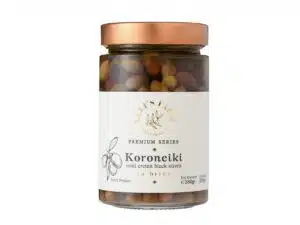etites olives noires en saumure variétée Koroneiki. Elli's Farm.