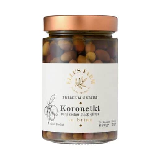etites olives noires en saumure variétée Koroneiki. Elli's Farm.
