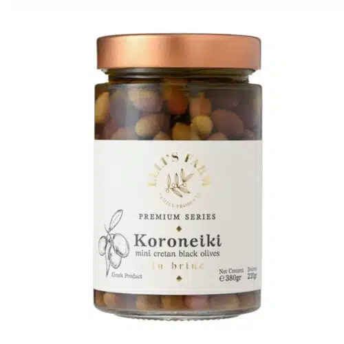 etites olives noires en saumure variétée Koroneiki. Elli's Farm.