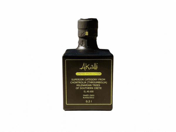 Huile d’olive vierge extra Akalli 200 ml – vue dos des valeurs nutritionnelles.