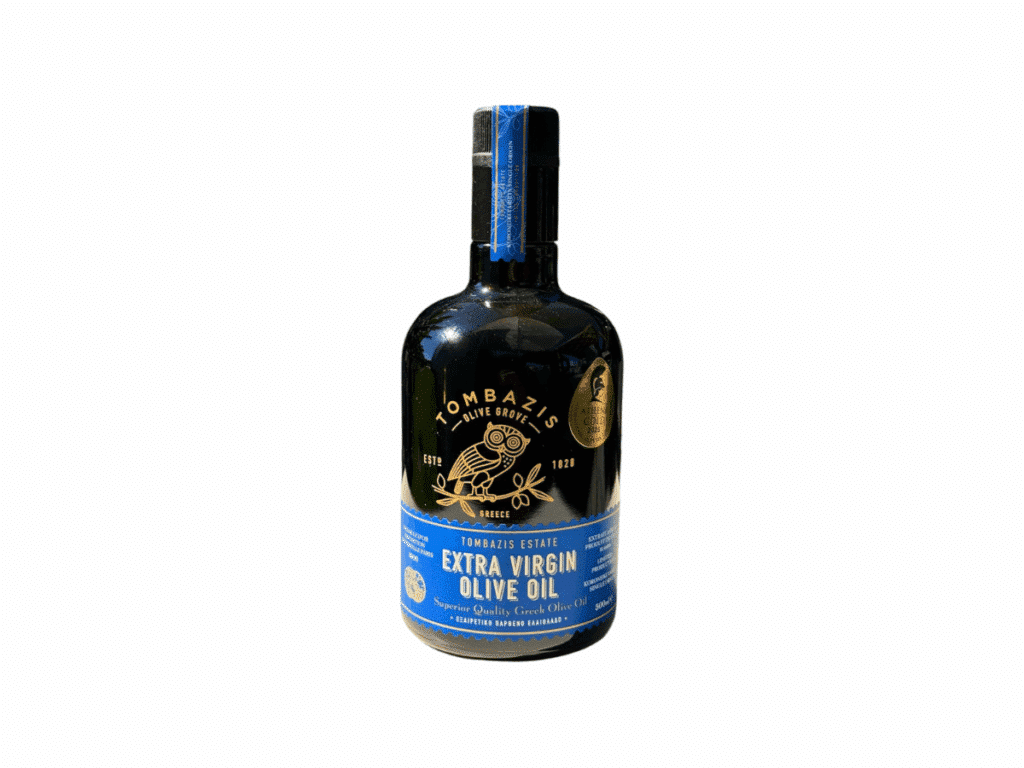 Huile d’olive extra vierge Tombazis 500 ml – bouteille noire et bleue.