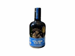Huile d’olive extra vierge Tombazis 500 ml – bouteille noire et bleue.
