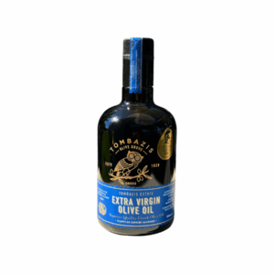 Huile d’olive extra vierge Tombazis 500 ml – bouteille noire et bleue.