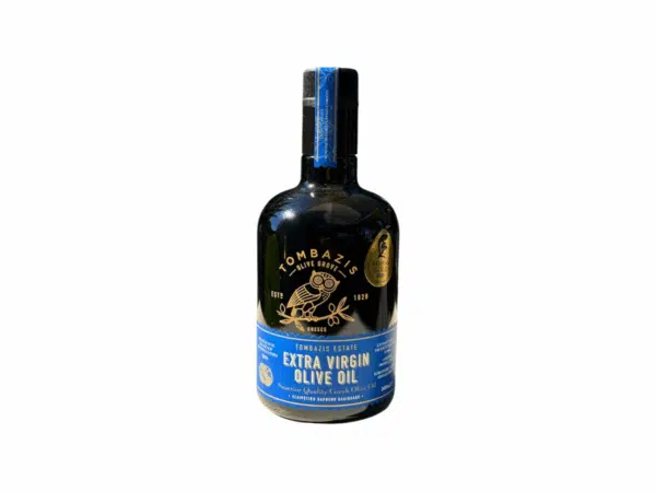 Huile d’olive extra vierge Tombazis 500 ml – bouteille noire et bleue.