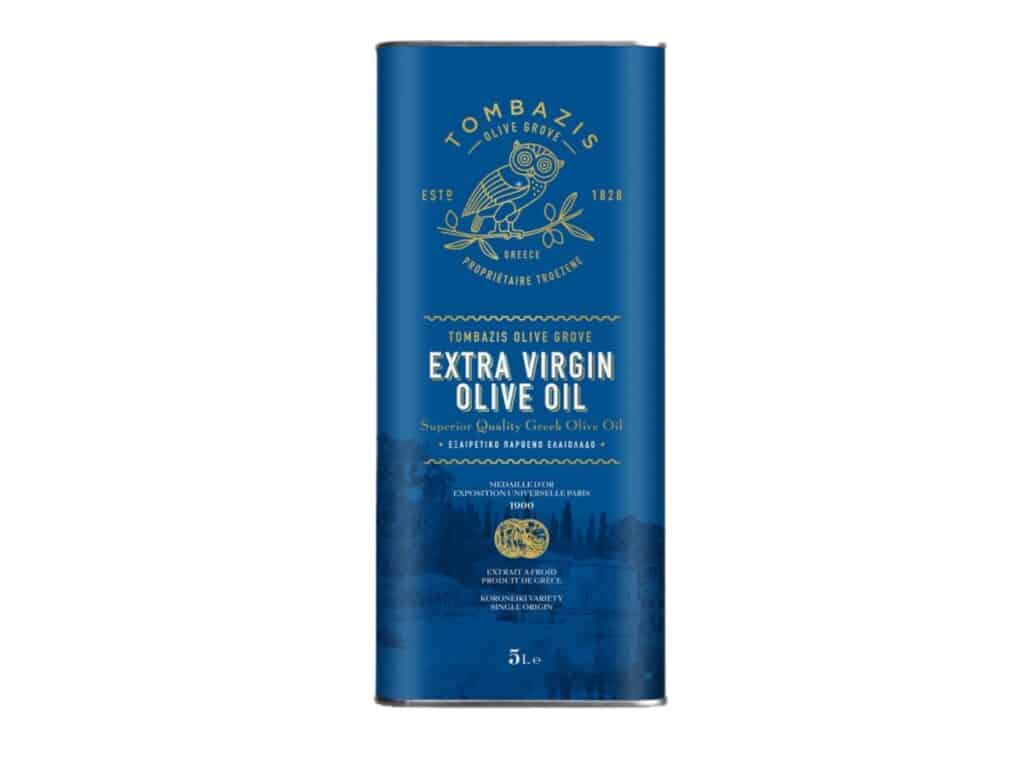Huile d’olive extra vierge Tombazis 5 L – face avant du bidon bleu – huile grecque de qualité supérieure