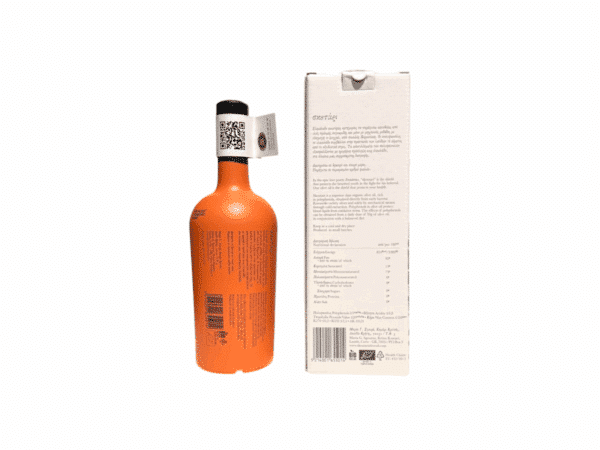 Rückseite der Flasche Skoutari 500 ml extra natives Olivenöl aus ökologischem Landbau und Nährwertkennzeichnung