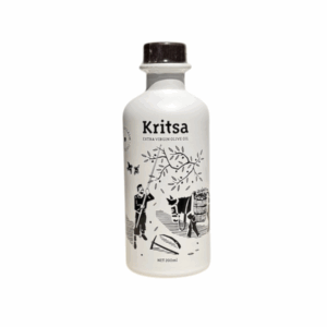 Bouteille 500 ml d’huile d’olive extra vierge grecque – coopérative Kritsa – design blanc illustré