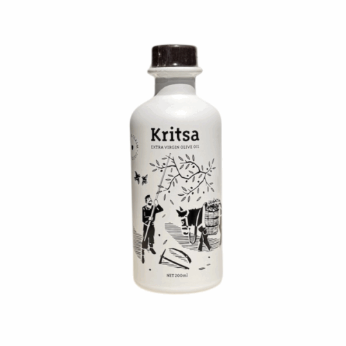 Bouteille 200 ml d’huile d’olive extra vierge grecque – coopérative Kritsa – design blanc illustré