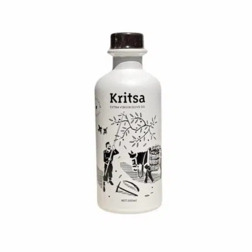 Bouteille 500 ml d’huile d’olive extra vierge grecque – coopérative Kritsa – design blanc illustré