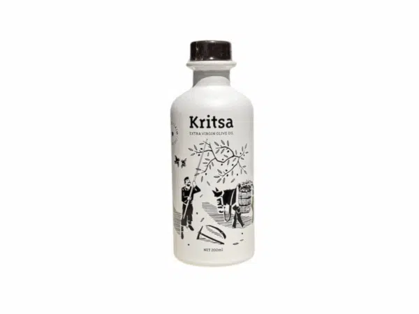 Bouteille 500 ml d’huile d’olive extra vierge grecque – coopérative Kritsa – design blanc illustré