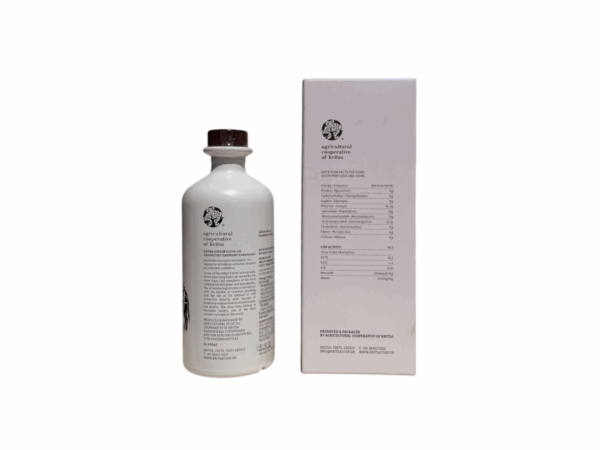 Rückseite der Flasche und Kiste 500 ml Natives Olivenöl Extra der Kooperative Kritsa