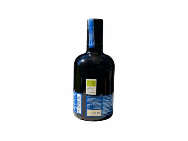 Tombazis extra natives Olivenöl 500 ml - Rückenansicht - Nährwertkennzeichnung und Bio-Zertifizierung