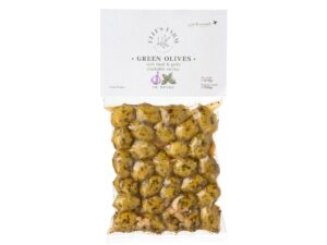 Olive vertes marinées au basilic et à l'ail. Elli's Farm.