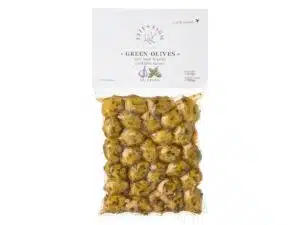 Olive vertes marinées au basilic et à l'ail. Elli's Farm.