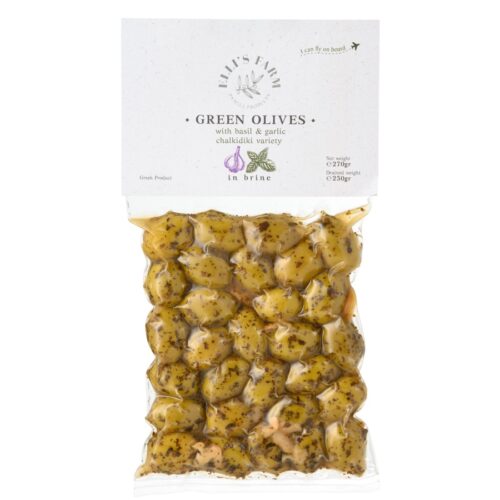 Olive vertes marinées au basilic et à l'ail. Elli's Farm.
