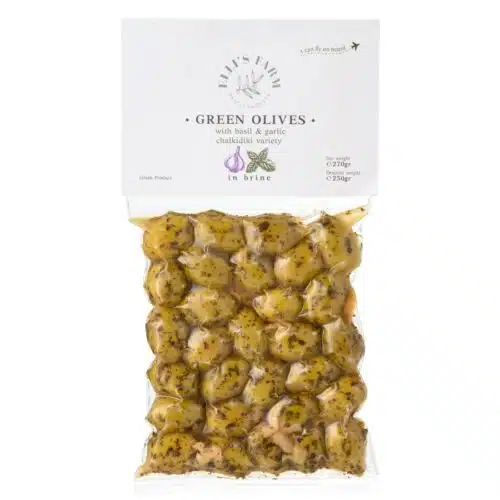 Olive vertes marinées au basilic et à l'ail. Elli's Farm.