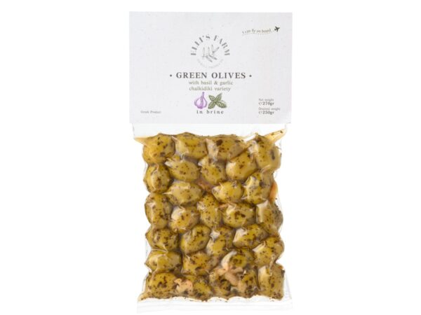 Green olives marinated in basil and garlic. Elli's Farm.