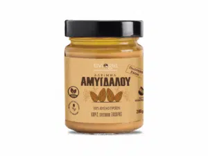 Beurre d’amande Evlogia 280 g – sans sucre ajouté, 100 % naturel, étiquette beige et couvercle noir